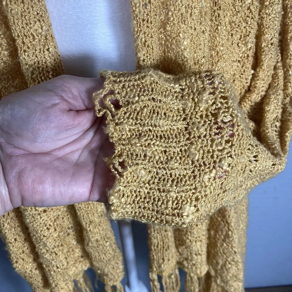 Fringe Boho Cardigan Womens M Open Front Gold Loose Knit Western Asymmetrical